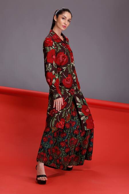 Alpona Designs By Soham Acharya Brown Cotton Silk Floral Shirt Collar Rose Print Dress Online at Aza Fashions Alpona Designs By Soham Acharya_Brown Cotton Silk Floral Shirt Collar Rose Print Dress _Online_at_Aza_Fashions