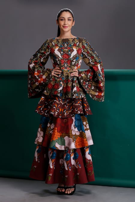 Alpona Designs By Soham Acharya Brown Pure Cotton Bird, Floral Straight Layered Dress 