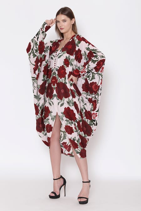 Alpona Designs By Soham Acharya White Natural Crepe Floral V Neck Print Kaftan Dress Online at Aza Fashions Alpona Designs By Soham Acharya_White Natural Crepe Floral V Neck Print Kaftan Dress _Online_at_Aza_Fashions