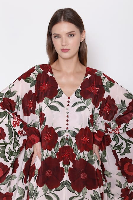 Buy Alpona Designs By Soham Acharya White Natural Crepe Floral V Neck Print Kaftan Dress Online at Aza Fashions Buy_Alpona Designs By Soham Acharya_White Natural Crepe Floral V Neck Print Kaftan Dress _Online_at_Aza_Fashions