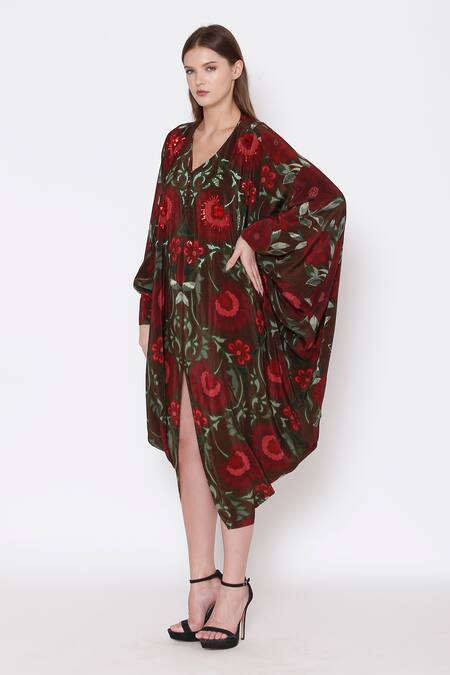 Alpona Designs By Soham Acharya_Brown Natural Crepe Floral V Neck Print Kaftan Dress _Online_at_Aza_Fashions