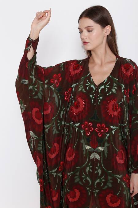 Buy_Alpona Designs By Soham Acharya_Brown Natural Crepe Floral V Neck Print Kaftan Dress _Online_at_Aza_Fashions