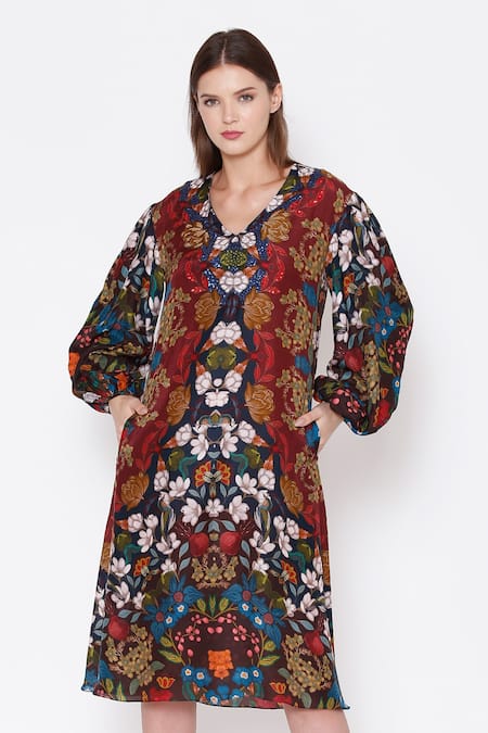 Buy_Alpona Designs By Soham Acharya_Multi Color Cotton Silk Floral V Neck Print Tunic _Online_at_Aza_Fashions