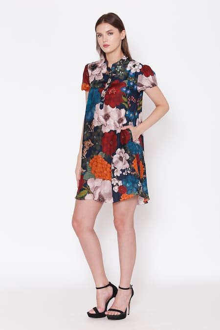 Alpona Designs By Soham Acharya_Blue Cotton Silk Floral Mandarin Collar Print Dress _Online_at_Aza_Fashions