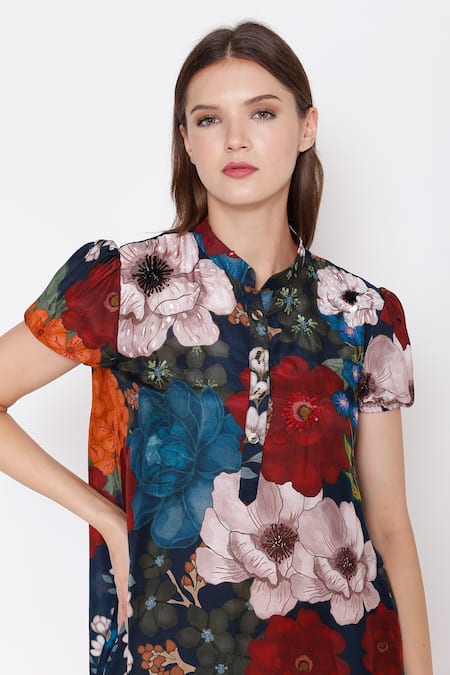 Buy_Alpona Designs By Soham Acharya_Blue Cotton Silk Floral Mandarin Collar Print Dress _Online_at_Aza_Fashions