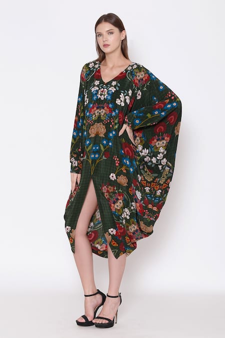 Alpona Designs By Soham Acharya_Green Natural Crepe Floral V Neck Print Kaftan Dress _Online_at_Aza_Fashions