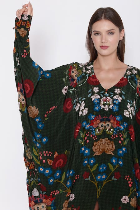 Buy_Alpona Designs By Soham Acharya_Green Natural Crepe Floral V Neck Print Kaftan Dress _Online_at_Aza_Fashions