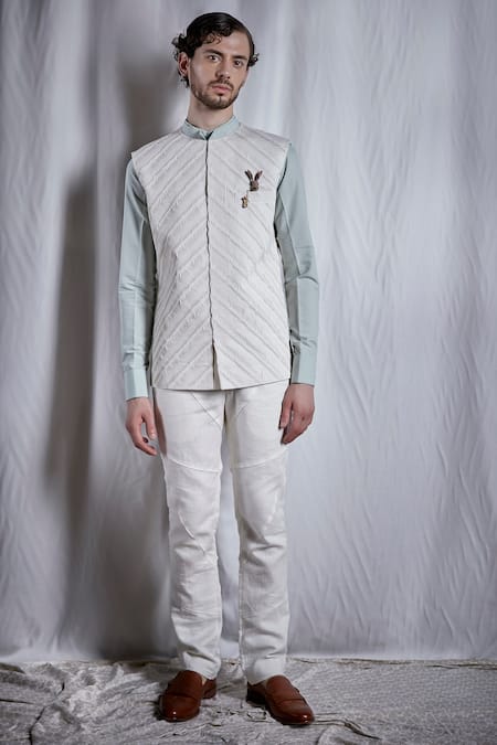 Bubber Couture Green Cotton Silk, Terrycoat Suit Pleated Textured Nehru Jacket With Shirt Online at Aza Fashions Bubber Couture_Green Cotton Silk, Terrycoat Suit Pleated Textured Nehru Jacket With Shirt _Online_at_Aza_Fashions