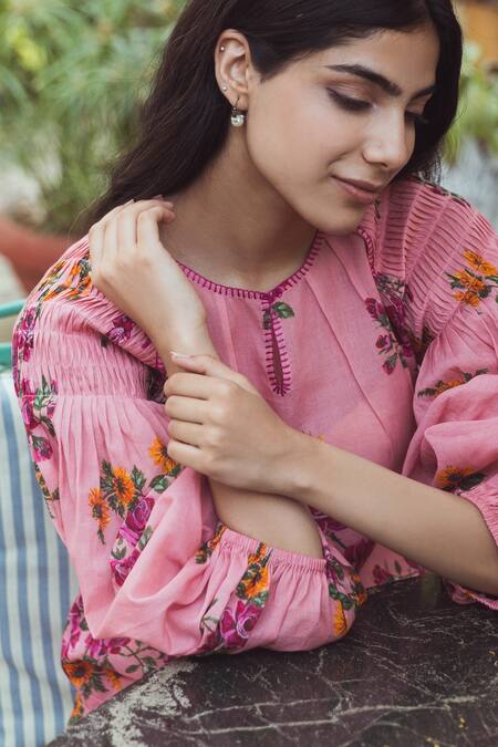 Buy Raiman Pink Cotton Floral Round Pattern Kurta And Pant Set Online at Aza Fashions Buy_Raiman_Pink Cotton Floral Round Pattern Kurta And Pant Set _Online_at_Aza_Fashions