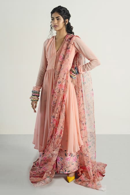 Rishi and Vibhuti Peach Georgette V Neck Floral Print Anarkali And Palazzo Set 