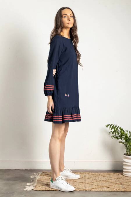 Doodlage Blue Upcycled Cotton Boat Neck Eva Dress Online at Aza Fashions Doodlage_Blue Upcycled Cotton Boat Neck Eva Dress _Online_at_Aza_Fashions