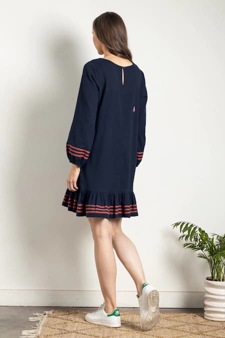 Shop Doodlage Blue Upcycled Cotton Boat Neck Eva Dress at Aza Fashions Shop_Doodlage_Blue Upcycled Cotton Boat Neck Eva Dress _at_Aza_Fashions