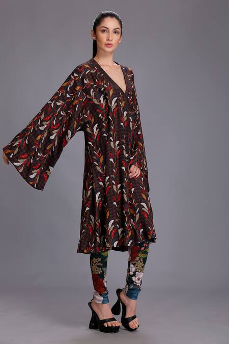 Alpona Designs By Soham Acharya_Brown Cotton Silk Leaf V Neck Print Jacket _Online_at_Aza_Fashions