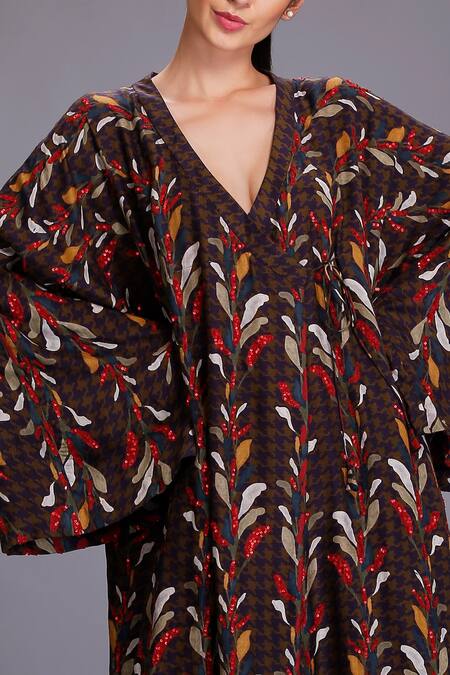 Buy_Alpona Designs By Soham Acharya_Brown Cotton Silk Leaf V Neck Print Jacket _Online_at_Aza_Fashions