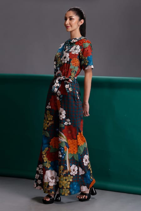 Alpona Designs By Soham Acharya_Blue Pure Cotton Floral Peter Pan Print Jumpsuit _Online_at_Aza_Fashions