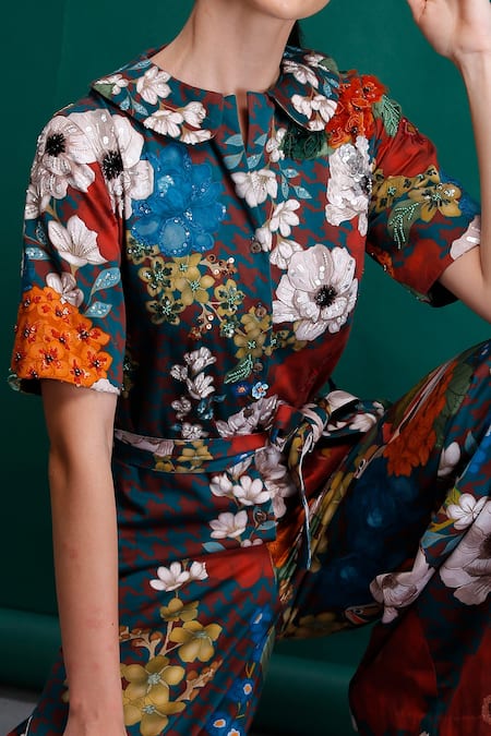 Buy_Alpona Designs By Soham Acharya_Blue Pure Cotton Floral Peter Pan Print Jumpsuit _Online_at_Aza_Fashions