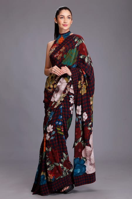 ALPONA DESIGNS BY SOHAM ACHARYA Blue Natural Crepe Printed Floral Halter Saree With Blouse 