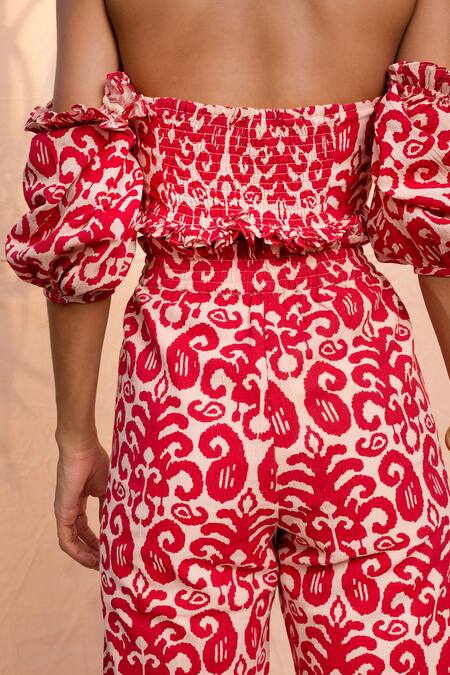 House Of Eda_Red Printed Linen Crop Top_at_Aza_Fashions