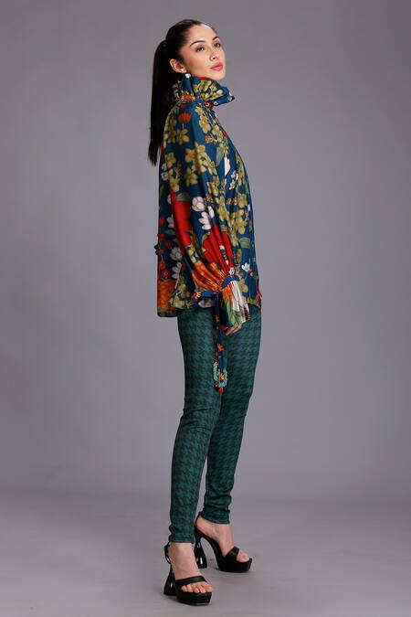 Alpona Designs By Soham Acharya_Blue Cotton Silk Floral Ruffle Print Neck Top _Online_at_Aza_Fashions