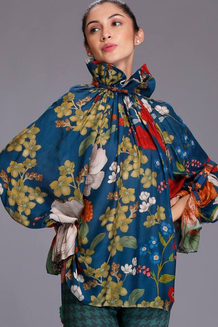 Buy_Alpona Designs By Soham Acharya_Blue Cotton Silk Floral Ruffle Print Neck Top _Online_at_Aza_Fashions