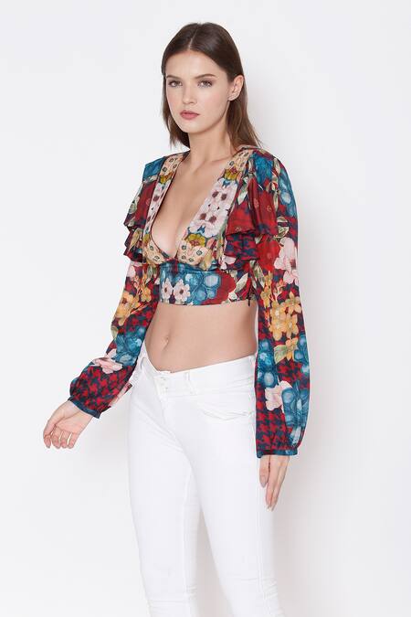Alpona Designs By Soham Acharya_Blue Cotton Silk Floral Plunge V Neck Print Crop Top _Online_at_Aza_Fashions