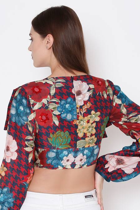 Buy_Alpona Designs By Soham Acharya_Blue Cotton Silk Floral Plunge V Neck Print Crop Top _Online_at_Aza_Fashions
