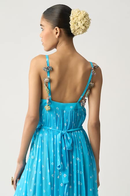 Shop Itrh Blue Georgette Bandhani Sweetheart Neck Abhira Maxi Dress at Aza Fashions Shop_Itrh_Blue Georgette Bandhani Sweetheart Neck Abhira Maxi Dress _at_Aza_Fashions