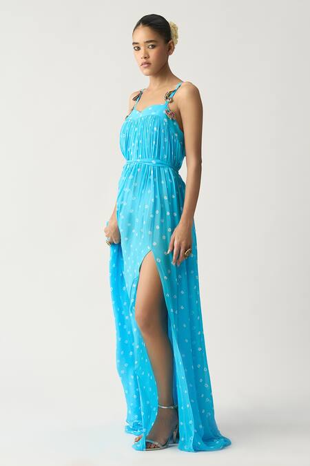 Itrh Blue Georgette Bandhani Sweetheart Neck Abhira Maxi Dress Online at Aza Fashions Itrh_Blue Georgette Bandhani Sweetheart Neck Abhira Maxi Dress _Online_at_Aza_Fashions