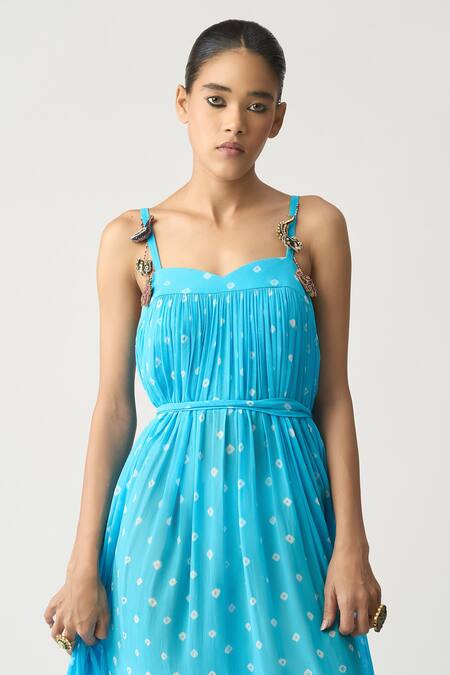 Buy Itrh Blue Georgette Bandhani Sweetheart Neck Abhira Maxi Dress Online at Aza Fashions Buy_Itrh_Blue Georgette Bandhani Sweetheart Neck Abhira Maxi Dress _Online_at_Aza_Fashions