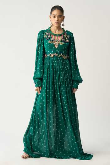 Buy Green Georgette Bandhani Plunge V Neck Bela Maxi Dress For Women by Itrh Online at Aza Fashions. Buy Green Georgette Bandhani Plunge V Neck Bela Maxi Dress For Women by Itrh Online at Aza Fashions.