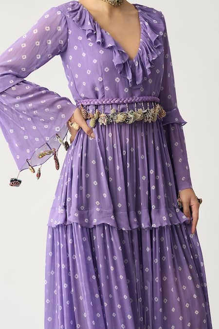 Buy Itrh Purple Georgette Bandhani Ruffle Charu Maxi Dress Online at Aza Fashions Buy_Itrh_Purple Georgette Bandhani Ruffle Charu Maxi Dress _Online_at_Aza_Fashions