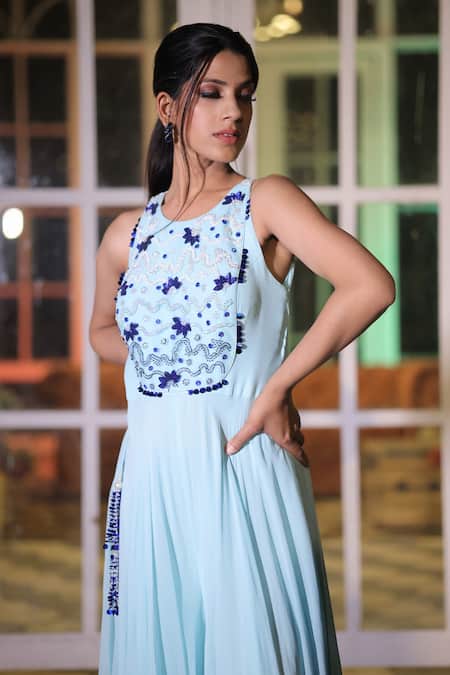House Of Tushaom_Blue Georgette Sequins, Cut Work Round Neck Ice Floral Embroidered Jumpsuit _Online_at_Aza_Fashions