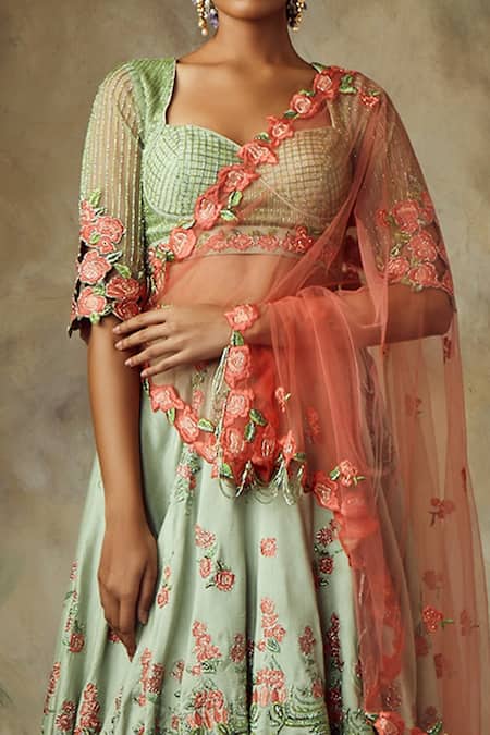 Shilpi Gupta_Green Silk, Chiffon Beads, Cut Work, Sequins, Embroidery Bridal Lehenga Set _Online_at_Aza_Fashions