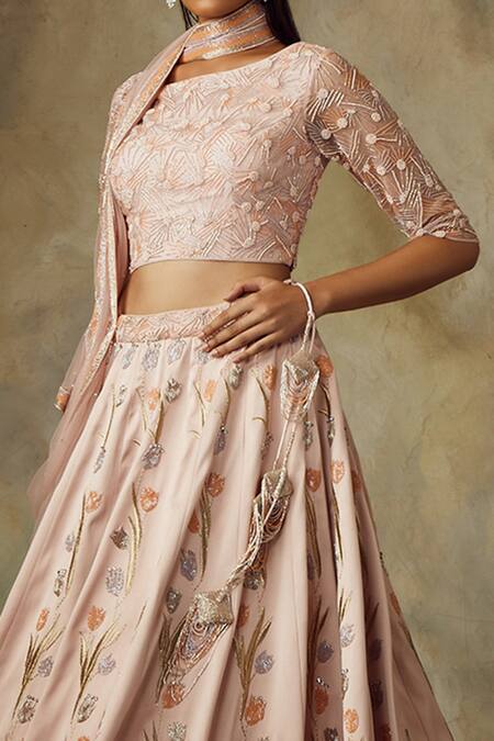 Shilpi Gupta_Peach Silk, Satin Embroidery, Sequins, Cut Work Round Hand Bridal Lehenga Set _Online_at_Aza_Fashions