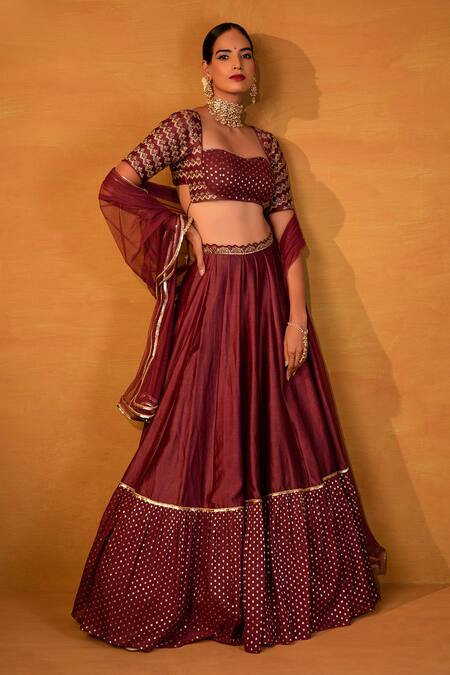 Esha Koul_Purple Net, Chanderi, Semi-crepe Sweetheart Neck Lehenga Set _Online_at_Aza_Fashions