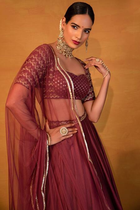 Buy_Esha Koul_Purple Net, Chanderi, Semi-crepe Sweetheart Neck Lehenga Set _Online_at_Aza_Fashions