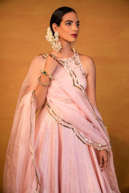 Buy_Esha Koul_Pink Organza, Chanderi, Semi-crepe Round Anarkali And Dupatta Set_Online_at_Aza_Fashions