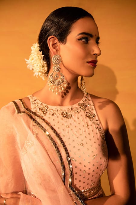 Shop_Esha Koul_Pink Organza, Chanderi, Semi-crepe Round Anarkali And Dupatta Set_Online_at_Aza_Fashions