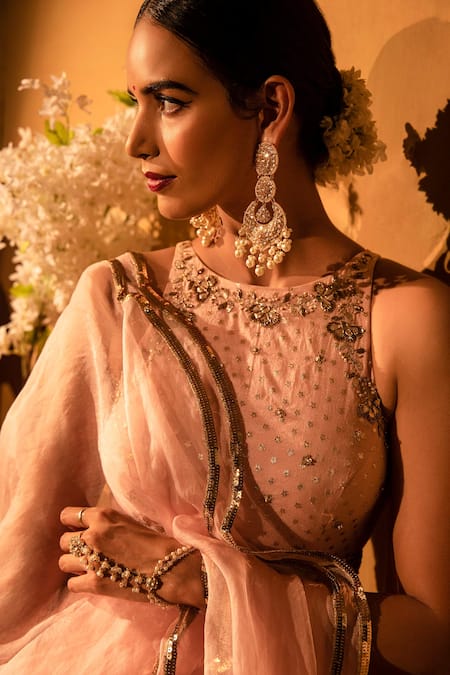 Esha Koul_Pink Organza, Chanderi, Semi-crepe Round Anarkali And Dupatta Set_at_Aza_Fashions