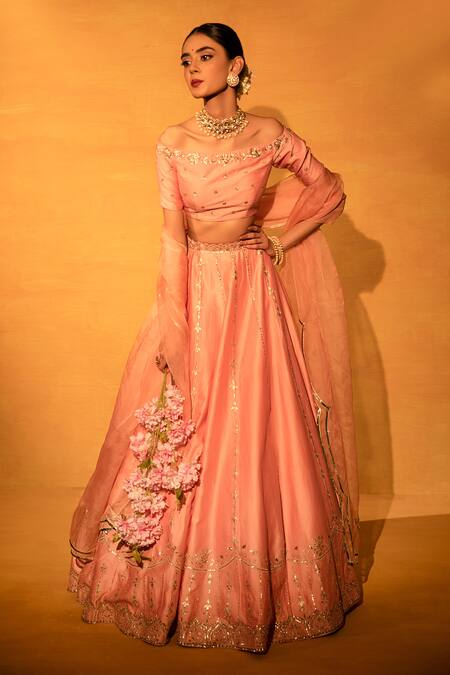 Esha Koul_Pink Organza, Chanderi, Semi-crepe One Shoulder Lehenga Set _Online_at_Aza_Fashions