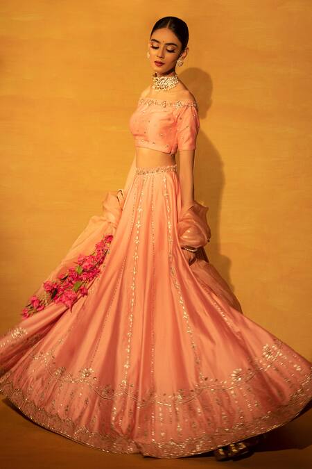 Buy_Esha Koul_Pink Organza, Chanderi, Semi-crepe One Shoulder Lehenga Set _Online_at_Aza_Fashions