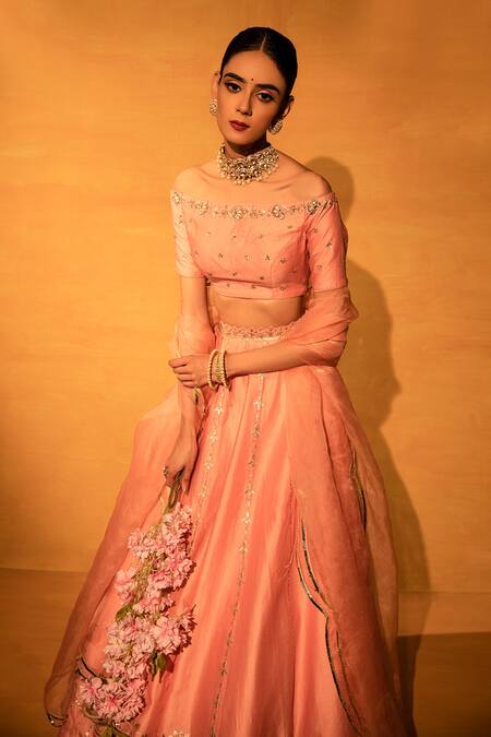 Shop_Esha Koul_Pink Organza, Chanderi, Semi-crepe One Shoulder Lehenga Set _Online_at_Aza_Fashions