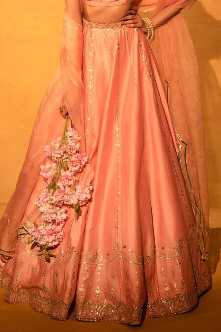 Esha Koul_Pink Organza, Chanderi, Semi-crepe One Shoulder Lehenga Set _at_Aza_Fashions