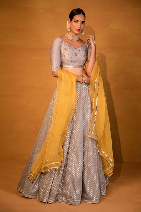 Prachi Desai New Designer Grey And Yellow Lehenga Suit | Ethnicroop