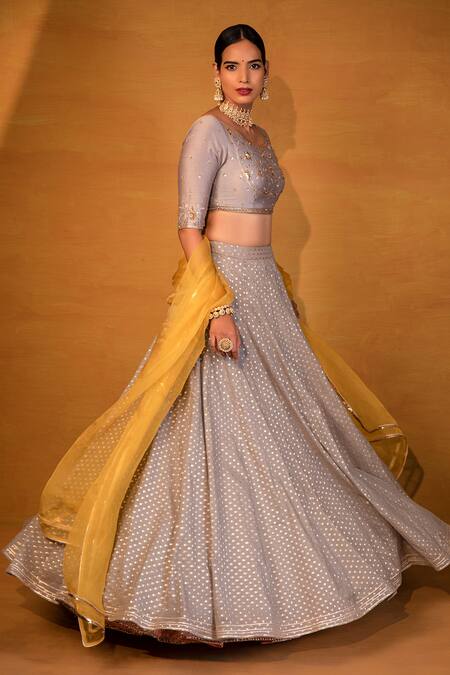 Buy_Esha Koul_Yellow Organza, Chanderi, Semi-crepe Leaf Neck Lehenga Set _Online_at_Aza_Fashions