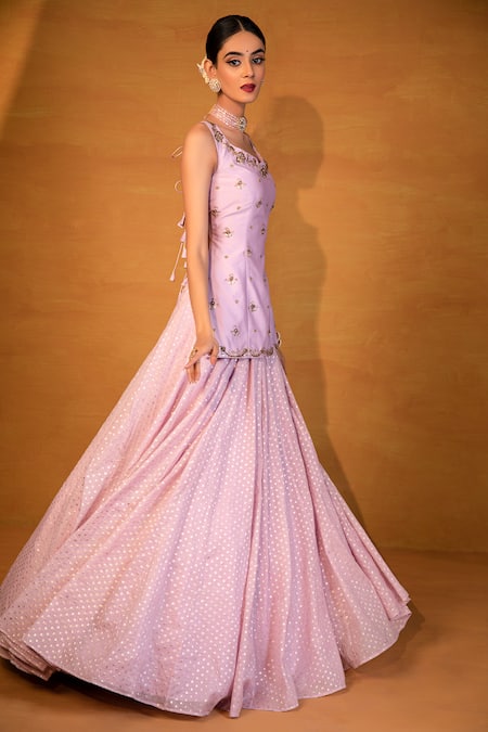 Esha Koul_Purple Chanderi, Semi-crepe Sweetheart Neck Lehenga And Kurta Set _Online_at_Aza_Fashions