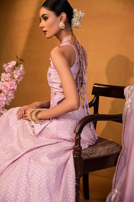 Buy_Esha Koul_Purple Chanderi, Semi-crepe Sweetheart Neck Lehenga And Kurta Set _Online_at_Aza_Fashions