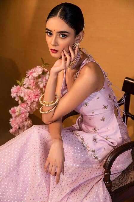 Shop_Esha Koul_Purple Chanderi, Semi-crepe Sweetheart Neck Lehenga And Kurta Set _Online_at_Aza_Fashions