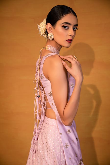 Esha Koul_Purple Chanderi, Semi-crepe Sweetheart Neck Lehenga And Kurta Set _at_Aza_Fashions