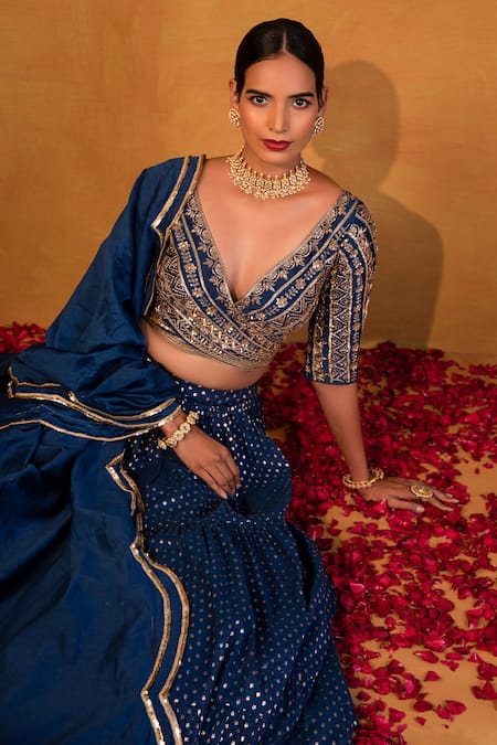 Esha Koul Blue Chanderi, Semi-crepe V Neck Lehenga Set Online at Aza Fashions Esha Koul_Blue Chanderi, Semi-crepe V Neck Lehenga Set _Online_at_Aza_Fashions